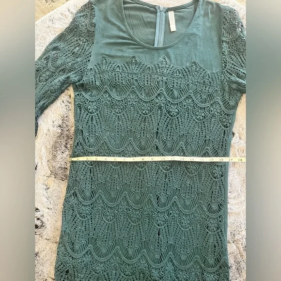 EUC Monoreno Teal Lace Fringe Midi Dress Overlay Sheath 3/4 Sleeve Medium Boho - Picture 14 of 15